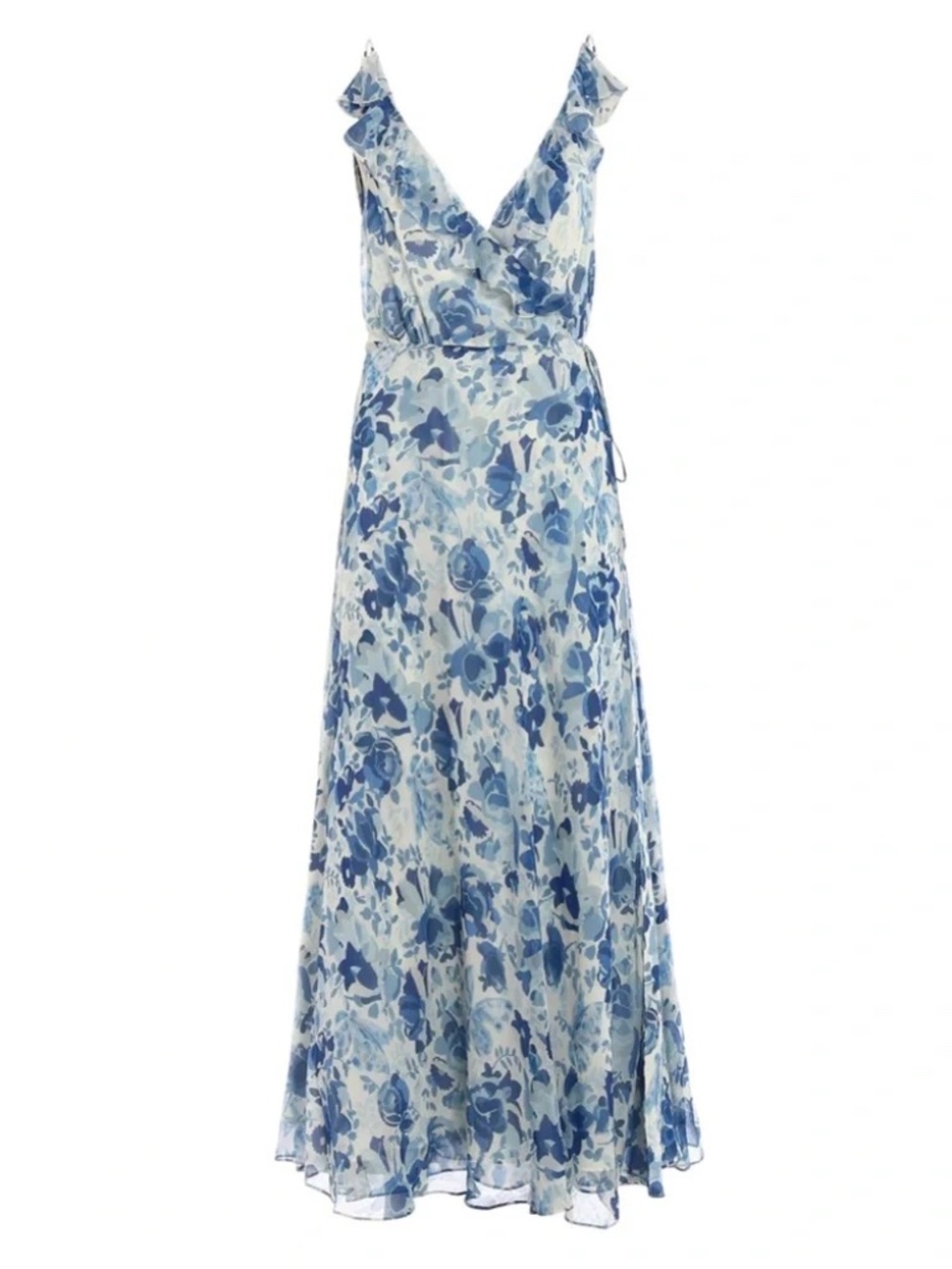 Polo by Ralph Lauren Blue/White Floral 100% Silk V-Neck Wrap Maxi Dress